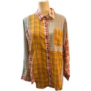 Easel Multicolor Plaid Patchwork Blouse